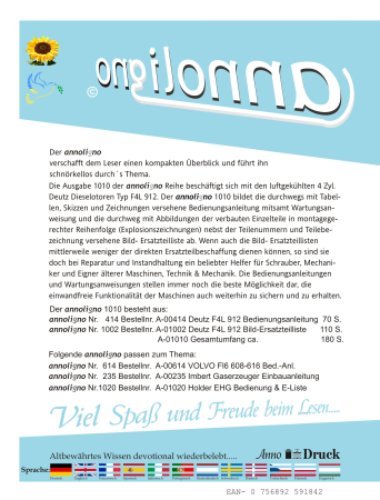 Deutz Diesel Motor Typ F4L 912 Bild- Bedienungsanleitung & Bild-Ersatzteilliste & Explosionszeichnungen - annoligno 1010